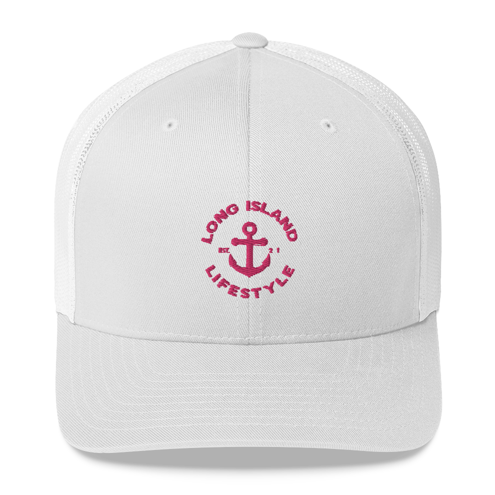 LONG ISLAND LIFESTYLE EMBROIDERED PINK TRUCKER HAT 